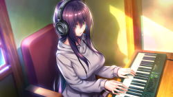 Rule 34 | 1girl, amakano 2, azarashi soft, breasts, chair, female focus, from above, game cg, green eyes, headphones, highres, himiyama rei, hood, hoodie, indoors, instrument, keyboard (instrument), large breasts, long hair, looking at viewer, music, parted lips, piromizu, playing, playing instrument, purple hair, sitting, solo, table