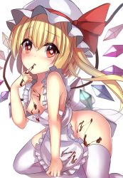 Rule 34 | 1girl, :o, apron, blonde hair, breasts, chocolate, finger to mouth, flandre scarlet, hat, hat ribbon, heart, heart-shaped pupils, highres, janne cherry, kneeling, looking at viewer, md5 mismatch, mob cap, naked apron, red eyes, red ribbon, resolution mismatch, ribbon, side ponytail, simple background, small breasts, solo, source larger, symbol-shaped pupils, thighhighs, touhou, white background, white thighhighs, wings