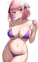 Rule 34 | 1girl, absurdres, bikini, blush, breasts, cleavage, closed mouth, collarbone, cowboy shot, go-toubun no hanayome, hair ornament, highres, jasony, large breasts, looking at viewer, nakano nino, pink hair, purple bikini, purple eyes, short hair, sideboob, simple background, smile, solo, stomach, strap pull, swimsuit, underboob, white background