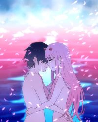 Rule 34 | 10s, 1boy, 1girl, black hair, breasts, check commentary, comforting, commentary request, couple, crying, darling in the franxx, green eyes, hiro (darling in the franxx), horns, hug, long hair, mukkun696, nude, oni horns, pink hair, red horns, short hair, tears, zero two (darling in the franxx)
