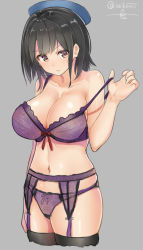 Rule 34 | 10s, 1girl, bare shoulders, black hair, black thighhighs, bra, breasts, cropped legs, female focus, garter belt, hat, isshiki (ffmania7), kantai collection, lace, lace bra, lace panties, large breasts, lingerie, navel, panties, purple bra, purple panties, red eyes, short hair, sketch, solo, strap pull, takao (kancolle), thighhighs, twitter username, underwear, underwear only