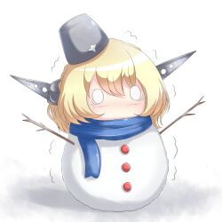 Rule 34 | 1girl, blonde hair, blue scarf, blush, buttons, chibi, colorado (kancolle), empty eyes, garrison cap, hat, headgear, highres, kantai collection, riretsuto, scarf, short hair, simple background, snowman, solid eyes, trembling, twig