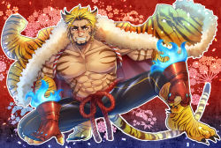 Rule 34 | 1boy, abs, absurdres, animal ears, bara, beard, blonde hair, facial hair, gachimuchi, highres, kageru (mofnyan), large pectorals, looking at viewer, male focus, mature male, muscular, muscular male, old, old man, original, pectoral cleavage, pectorals, puffy chest, textless version, tiger stripes
