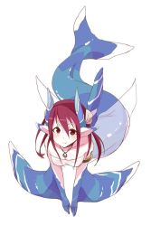 Rule 34 | 1girl, armlet, female focus, fins, horns, jewelry, leaning forward, looking at viewer, maze (gochama ze gohan), mermaid, monster girl, necklace, original, pointy ears, red eyes, red hair, simple background, smile, solo, v arms, white background
