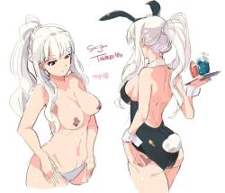 Rule 34 | 1girl, ass, back, backless leotard, bandaid, bandaids on nipples, breasts, brown eyes, cleavage, cup, drinking glass, idolmaster, idolmaster (classic), leotard, long hair, multiple views, navel, panties, pasties, playboy bunny, ponytail, rabbit tail, shijou takane, sideboob, simple background, tail, tuxedo de cat, underwear, white background, white hair, wrist cuffs