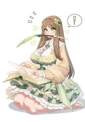 Rule 34 | !, 1girl, absurdres, black survival, breasts, brown hair, dress, eternal return: black survival, floral print, green dress, green eyes, gweon sua, hair ornament, highres, large breasts, leaf hair ornament, long hair, looking at viewer, quill, seiza, simple background, sitting, solo, spoken exclamation mark, symbol-shaped pupils, white background, yabby