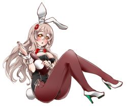 Rule 34 | 1girl, adapted costume, alternate costume, animal ears, black leotard, bottle, bow, bowtie, breasts, brown eyes, brown pantyhose, cleavage, commentary request, detached collar, fake animal ears, full body, grey hair, high heels, kantai collection, leotard, medium breasts, pantyhose, playboy bunny, pola (kancolle), rabbit ears, rabbit tail, red bow, red bowtie, simple background, sitting, solo, strapless, strapless leotard, tail, udukikosuke, wavy hair, white background, white footwear, wrist cuffs