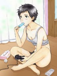 Rule 34 | 1girl, alice kei (lemon-jiru), androgynous, bad id, bad pixiv id, barefoot, black hair, boxers, brown eyes, controller, curtains, dualshock, faux traditional media, feet, female focus, flat chest, food, food in mouth, game console, game controller, gamepad, indoors, legs, long legs, male underwear, midriff, original, playing games, playstation 2, playstation controller, popsicle, popsicle in mouth, short hair, shorts, sitting, solo, tissue, tomboy, underwear, very short hair, vest