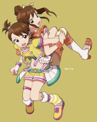 Rule 34 | 2girls, asymmetrical legwear, back-to-back, birthday, blush, boots, brown eyes, brown hair, crop top, dated, earrings, fingerless gloves, futami ami, futami mami, gloves, hair ribbon, highres, idolmaster, idolmaster (classic), idolmaster million live!, idolmaster million live! theater days, jewelry, long hair, looking at another, midriff, multiple girls, open mouth, orange shorts, ribbon, short hair, short sleeves, shorts, siblings, side ponytail, simple background, sisters, smile, star (symbol), star earrings, tarako oniyon, thigh strap, twins, uneven legwear, white gloves, wrist cuffs, yellow background, yellow shorts
