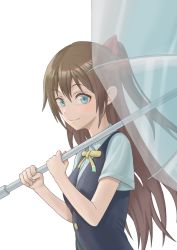 Rule 34 | 1girl, absurdres, aqua eyes, aqua shirt, artist name, artist request, black vest, blue eyes, blush, bow, breasts, brown hair, buttons, collared shirt, female focus, hair between eyes, hair bow, highres, holding, holding umbrella, long hair, looking at viewer, love live!, love live! nijigasaki high school idol club, nijigasaki school uniform, osaka shizuku, parted lips, ponytail, red bow, ribbon, school uniform, shirt, short sleeves, small breasts, smile, solo, sweater vest, umbrella, upper body, vest, white background, white shirt, yellow buttons, yellow neckwear, yellow ribbon