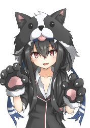 Rule 34 | 1girl, animal hands, animal hood, black hair, blazer, commentary request, dog hood, fangs, gloves, hatsushimo (kancolle), hatsushimo kai ni (kancolle), headband, highres, hood, jacket, kantai collection, long hair, looking at viewer, low-tied long hair, paw gloves, paw pose, red eyes, school uniform, simple background, skin fangs, solo, umino ht, upper body, white background