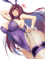 Rule 34 | 1girl, animal ears, arm behind head, arm up, blush, breasts, cleavage, closed mouth, detached collar, fake animal ears, fate/grand order, fate (series), fishnet pantyhose, fishnets, hair between eyes, heart, highleg, highleg leotard, kumakichi (cost-lost), large breasts, leotard, long hair, looking at viewer, official alternate costume, pantyhose, playboy bunny, purple hair, purple leotard, rabbit ears, red eyes, scathach (fate), scathach (piercing bunny) (fate), smile, thighs, wrist cuffs