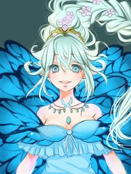 Rule 34 | 1girl, aqua background, aqua hair, bare shoulders, blue eyes, blue wings, braid, breasts, butterfly wings, cleavage, eyes visible through hair, fairy, final fantasy, final fantasy xiv, floating hair, flower, hair between eyes, hair flower, hair ornament, highres, insect wings, jewelry, long hair, looking at viewer, mimi (mini1474), necklace, open mouth, pink flower, pointy ears, single braid, small breasts, smile, solo, tiara, titania (final fantasy), upper body, wings
