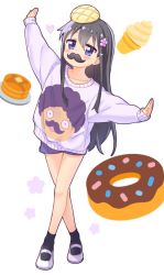 Rule 34 | 1girl, arm up, black hair, black socks, blue eyes, blue shorts, blush, bread, butter, commentary request, crossed legs, doughnut, emoji, fake facial hair, fake mustache, flower, food, food on head, full body, hair between eyes, hair flower, hair ornament, heart, higero (wataten), ice cream, jigatei (omijin), long hair, long sleeves, looking at viewer, melon bread, object on head, outstretched arm, pancake, pancake stack, pink flower, print sweater, puffy long sleeves, puffy sleeves, purple sweater, shirosaki hana, shoes, short shorts, shorts, simple background, sleeves past wrists, socks, soft serve, solo, standing, sweater, very long hair, watashi ni tenshi ga maiorita!, white background, white footwear