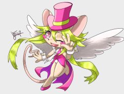 Rule 34 | 1girl, animal ears, blush stickers, furry, green hair, hat, highres, leotard, mad rat dead, mouse (animal), mouse ears, mouse girl, mouse tail, mt29, nippon ichi, rat god, red eyes, tagme, tail, top hat, v, wings, wrist cuffs