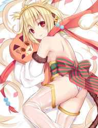Rule 34 | 10s, 1girl, andira (granblue fantasy), ass, bare shoulders, blonde hair, detached sleeves, erune, granblue fantasy, ikeda yuuki, looking at viewer, red eyes, red scarf, revision, scarf, short hair, smile, solo, thighhighs, thighs, tiara