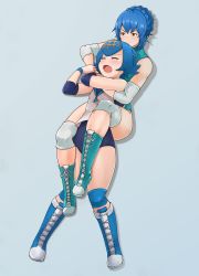 Rule 34 | 2girls, absurdres, adapted costume, aqua footwear, aqua leotard, asphyxiation, blue footwear, blue hair, blue sailor collar, boots, brown eyes, choke hold, closed eyes, commission, creatures (company), cross-laced footwear, crossover, elbow pads, eyebrows, fire emblem, fire emblem: three houses, game freak, gradient background, grey background, hair bun, hairband, headlock, highres, knee pads, lace-up boots, lana (pokemon), lying, marianne von edmund, multiple girls, nintendo, one-piece swimsuit, original, pixiv commission, pokemon, pokemon sm, rear naked choke, sailor collar, shirt, short hair, single hair bun, size difference, sleeveless, sleeveless shirt, strangling, submission hold, swimsuit, swimsuit under clothes, tears, tuzi717, wrestling, wrestling outfit, yellow hairband