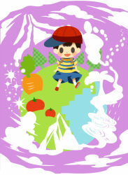Rule 34 | 1boy, baseball cap, black eyes, black hair, blue shorts, blush stickers, carrot, chibi, cloud, hat, hitofutarai, male focus, mother (game), mother 2, ness (mother 2), nintendo, on mini planet, open mouth, red footwear, red hat, shirt, shoes, short hair, shorts, socks, solid oval eyes, solo, striped clothes, striped shirt, tree, white socks