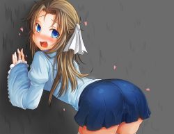 Rule 34 | 1boy, against wall, androgynous, ass, bent over, blue eyes, blush, brown hair, bulge, crossdressing, fang, freeze-ex, from behind, hair ribbon, long hair, looking back, male focus, naughty face, open mouth, original, ribbon, skirt, sleeves past wrists, smile, solo, thighhighs, trap, white thighhighs, wide sleeves, zettai ryouiki