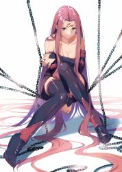 Rule 34 | 1girl, absurdly long hair, boots, breasts, brown eyes, chain, cleavage, doushimasho, dress, facial mark, fate/stay night, fate (series), forehead mark, highres, long hair, medium breasts, medusa (fate), medusa (rider) (fate), nail polish, pink hair, sitting, sleeveless, sleeveless dress, solo, square pupils, thigh boots, thighhighs, very long hair