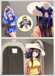 Rule 34 | 2koma, 3girls, american flag legwear, arms up, belt, black hair, blonde hair, blue hair, blue ribbon, blurry, braid, breasts, brown eyes, cardigan, censored, chibi, chibi inset, comic, commentary, commission, confused, cosplay, depth of field, elbow gloves, french braid, garrison cap, garter straps, gloves, green ribbon, hair ribbon, hat, head tilt, highres, identity censor, imitating, iowa (kancolle), iowa (pacific), jewelry, kantai collection, kimi no na wa., large breasts, long hair, melisaongmiqin, midriff, miyamizu mitsuha, miyamizu mitsuha (cosplay), multicolored ribbon, multiple girls, name connection, navel, necklace, open mouth, pacific (kancolle), parody, pink cardigan, quincy (warship girls r), raised eyebrows, red eyes, ribbon, sailor, smile, speech bubble, star (symbol), star necklace, sun hat, sweatdrop, thighhighs, warship girls r
