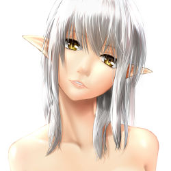 Rule 34 | 1girl, bare shoulders, collarbone, elf, head tilt, highres, hiko (hiko224556), looking at viewer, parted lips, pointy ears, silver hair, simple background, solo, white background, yellow eyes