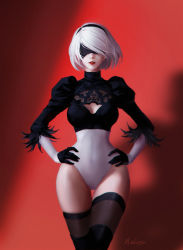 Rule 34 | 1girl, black gloves, black thighhighs, blindfold, breasts, cleavage cutout, clothing cutout, covered navel, curvy, facing viewer, gloves, hairband, hands on own hips, highres, leotard, lipstick, makeup, medium breasts, mole, mole under eye, mvalentinus, nier (series), nier:automata, parted lips, puffy sleeves, red lips, short hair, solo, standing, thighhighs, white hair, wide hips, 2b (nier:automata)