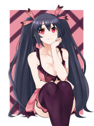 Rule 34 | 1girl, alternate costume, arm support, bare arms, bare shoulders, black hair, black thighhighs, breasts, collarbone, hair between eyes, hair ornament, highres, large breasts, long hair, looking at viewer, neptune (series), noire (neptunia), red eyes, sidelocks, sitting, smile, solo, thighhighs, twintails, very long hair, zatsu