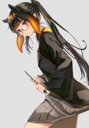 Rule 34 | 1girl, :o, alternate costume, bespectacled, black eyes, black hair, blush, crossover, glasses, grey background, grey skirt, harry potter (series), harui (hr x9 ), head tilt, highres, holding, holding wand, hololive, hololive english, hufflepuff, looking up, ninomae ina&#039;nis, open mouth, ponytail, school uniform, skirt, sleeves past wrists, solo, tentacle hair, virtual youtuber, wand, wizarding world