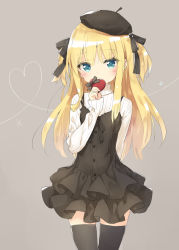 Rule 34 | 1girl, arm behind back, beret, black dress, black hat, black thighhighs, blonde hair, blue eyes, blush, bow, box, brown background, buttons, copyright request, covering own mouth, cowboy shot, dress, gift, gift box, hair bow, hat, heart, heart-shaped lock, heart of string, holding, holding gift, kani biimu, long hair, long sleeves, looking at viewer, ribbed sweater, shimotsuki potofu, shirt, simple background, sleeveless, sleeveless dress, solo, striped bow, striped clothes, striped shirt, sweater, tareme, thighhighs, turtleneck, turtleneck sweater, two side up, white shirt, zettai ryouiki