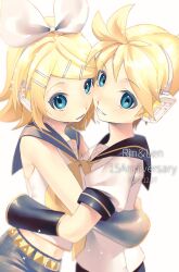 Rule 34 | 1boy, 1girl, absurdres, ahoge, anniversary, bare shoulders, bass clef, blonde hair, blue eyes, bow, brother and sister, cheek-to-cheek, commentary, detached sleeves, flat chest, gouya daifuku, grin, hair bow, hair ornament, hairclip, happy birthday, headphones, heads together, headset, highres, hug, kagamine len, kagamine rin, leg warmers, midriff, mutual hug, navel, neckerchief, necktie, sailor collar, sailor shirt, shirt, shorts, siblings, sleeveless, sleeveless shirt, smile, treble clef, twins, vocaloid, white bow, yellow neckerchief