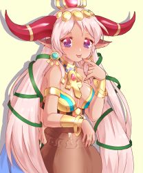 Rule 34 | 1girl, :p, animal ears, ankh, armlet, bangle, bare shoulders, blush, bracelet, bracer, breasts, circlet, cleavage, cow ears, cow horns, dark-skinned female, dark skin, egyptian, finger to mouth, hair ornament, hathor (p&amp;d), horn ornament, horn ring, horns, jar, jewelry, jyukariko, long hair, necklace, pink hair, purple eyes, puzzle &amp; dragons, silhouette, simple background, smile, solo, tongue, tongue out, very long hair, yellow background