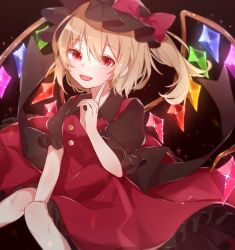Rule 34 | + +, 1girl, adapted costume, alternate color, between legs, black background, black hat, black shirt, blonde hair, blouse, blush, commentary, dress, english commentary, eyes visible through hair, fang, feet out of frame, finger to cheek, flandre scarlet, hair between eyes, hand between legs, hat, hat ribbon, highres, knees together feet apart, legs together, looking at viewer, mob cap, one side up, open mouth, petticoat, pinafore dress, puffy short sleeves, puffy sleeves, red dress, red eyes, ribbon, shirt, short hair, short sleeves, sitting, sleeveless, sleeveless dress, solo, star-shaped pupils, star (symbol), symbol-only commentary, symbol-shaped pupils, touhou, wings, yurui tuhu