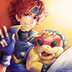 Rule 34 | 2boys, :d, artist name, bad id, bad pixiv id, blue eyes, bracelet, fire emblem, fire emblem: the binding blade, gradient background, hand on another&#039;s head, headband, highres, jewelry, male focus, mario (series), multiple boys, name connection, nintendo, open mouth, red hair, roy (fire emblem), roy koopa, shell, smile, spiked bracelet, spikes, sunglasses, super smash bros., tecchen, v