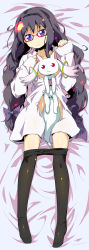 Rule 34 | 10s, 1girl, :3, akemi homura, bed, black hair, braid, clothes pull, dakimakura (medium), dress shirt, glasses, hairband, highres, kyubey, long hair, lying, mahou shoujo madoka magica, mahou shoujo madoka magica (anime), on back, open clothes, open shirt, pantyhose, pantyhose pull, purple eyes, red-framed eyewear, red eyes, shirt, sleeves past wrists, solo, spoilers, sw (taco), twin braids