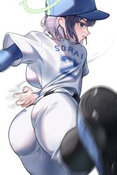 Rule 34 | 1girl, absurdres, ass, baseball cap, baseball uniform, belt, black belt, blue archive, blue eyes, breasts, character name, expressionless, from behind, green halo, halo, hat, highres, leaning forward, leg up, looking to the side, medium breasts, medium hair, parted lips, purple hair, saki (blue archive), samgong, shirt, short sleeves, solo, sportswear, standing, standing on one leg, throwing, white shirt