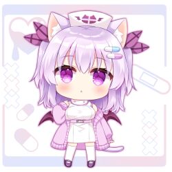 Rule 34 | :o, animal ears, bare shoulders, belt, belt buckle, blush, breasts, buckle, cat ears, cat girl, cat tail, chibi, commentary request, demon wings, dress, full body, hair between eyes, hair ribbon, hand up, hat, jacket, large breasts, long sleeves, looking at viewer, nurse, nurse cap, off shoulder, open clothes, open jacket, original, parted lips, pill hair ornament, pink belt, puffy long sleeves, puffy sleeves, purple eyes, purple footwear, purple hair, purple jacket, purple ribbon, purple wings, ribbon, shikito (yawa0w0), shoes, sleeveless, sleeveless dress, sleeves past wrists, solo, standing, tail, thighhighs, two side up, white background, white dress, white hat, white thighhighs, wings