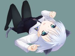 Rule 34 | 1girl, :d, animal ears, black pantyhose, cat ears, cat tail, extra ears, green eyes, lying, necktie, open mouth, pantyhose, paw pose, sanya v. litvyak, silver hair, simple background, skirt, smile, solo, strike witches, tail, upside-down, urepito honke, world witches series