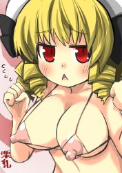 Rule 34 | 1girl, blonde hair, blush, breasts, covered erect nipples, drill hair, flying sweatdrops, gaoo (frpjx283), highres, long hair, looking at viewer, luna child, nipples, puffy nipples, red eyes, simple background, solo, string, touhou, triangle mouth, upper body