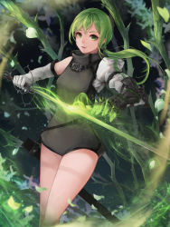 Rule 34 | 1girl, absurdres, arm belt, crystalherb, elbow gloves, flower, gauntlets, gloves, green eyes, green hair, highres, holding, holding sword, holding weapon, knight, long hair, looking at viewer, magic, original, outdoors, ponytail, sheath, solo, sword, thorns, weapon, white gloves