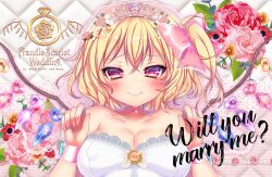 Rule 34 | 1girl, alternate breast size, alternate wings, bare shoulders, blonde hair, blush, bow, breasts, closed mouth, collarbone, crystal, dress, english text, fang, fang out, flandre scarlet, flower, hair bow, lace, lace-trimmed bow, lace-trimmed dress, lace trim, looking at viewer, matasabu, medium breasts, medium hair, multicolored wings, one side up, orange flower, pink bow, pink flower, pink rose, red eyes, red flower, red rose, reitaisai, rose, solo, touhou, upper body, wedding dress, white dress, wings