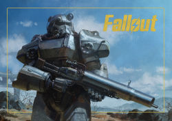 Rule 34 | arm armor, armor, blue sky, clear sky, cloud, commentary, copyright name, day, ddal, fallout (series), fallout 4, framed, full armor, gun, helmet, highres, holding, holding gun, holding weapon, machine gun, post-apocalypse, power armor, scope, shoulder armor, sky, solo, standing, trigger discipline, upper body, wasteland, weapon