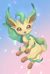 Rule 34 | artist name, creatures (company), game freak, gen 4 pokemon, gradient background, highres, leafeon, looking at viewer, nintendo, no humans, nullma, open mouth, pokemon, pokemon (creature), signature, simple background, solo, watermark