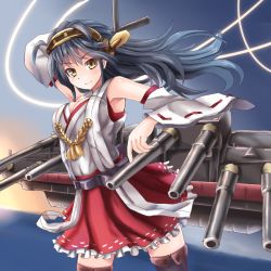Rule 34 | 10s, 1girl, arm up, armpits, bare shoulders, black hair, breasts, cannon, detached sleeves, haruna (kancolle), japanese clothes, kantai collection, long hair, looking at viewer, nontraditional miko, skirt, smile, solo, sumapan, thighhighs, yellow eyes