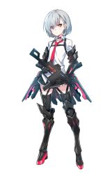 Rule 34 | 1girl, alternate hairstyle, black thighhighs, boots, choker, closers, collared shirt, elbow gloves, expressionless, full body, gauntlets, gloves, grey hair, gun, high heel boots, high heels, highres, knee boots, kriss vector, looking at viewer, necktie, red necktie, shirt, short hair, simple background, skirt, solo, standing, submachine gun, supernew, thigh strap, thighhighs, thrusters, tina (closers), trigger discipline, weapon, white background, white shirt, yellow eyes, zettai ryouiki