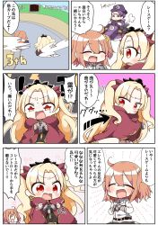Rule 34 | 1boy, 2girls, :d, :o, absurdres, black dress, black pantyhose, blonde hair, brown footwear, brown hair, cape, chaldea uniform, closed mouth, comic, commentary request, controller, cosplay, dress, earrings, ereshkigal (fate), fate/grand order, fate (series), flying sweatdrops, fujimaru ritsuka (female), game controller, gloves, go-kart, hair between eyes, hair ornament, hair ribbon, hair scrunchie, highres, holding, infinity symbol, jacket, jako (jakoo21), jewelry, lancelot (fate/grand order), long hair, long sleeves, mario (series), mario kart, mario kart 64, multiple girls, nintendo, one side up, open mouth, overalls, pantyhose, parody, purple cape, purple eyes, purple hair, purple ribbon, purple shirt, red eyes, ribbon, scrunchie, shirt, shoes, sitting, smile, spine, star (symbol), sweat, tiara, tohsaka rin, translation request, two side up, uniform, very long hair, waluigi, waluigi (cosplay), white gloves, white jacket, yellow scrunchie