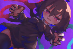 Rule 34 | 1girl, :d, absurdres, asymmetrical wings, black dress, black hair, black thighhighs, blue wings, breasts, chii (tsumami tsumamare), dress, dutch angle, fang, highres, houjuu nue, long sleeves, medium breasts, open mouth, purple background, red eyes, red wings, ringed eyes, short hair, simple background, skin fang, smile, solo, thighhighs, touhou, wings