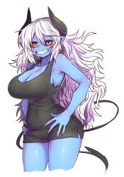 Rule 34 | 1girl, alternate costume, aohada bocchi, black horns, black sclera, black shorts, black tank top, blue skin, blush, breasts, cleavage, colored sclera, colored skin, cropped legs, demon girl, demon horns, hands on own hips, highres, horns, large breasts, long hair, looking at viewer, red eyes, ruri (aohada bocchi), sharp teeth, shorts, smile, tank top, teeth, thighs, white background, white hair, zyugoya