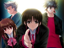Rule 34 | 1girl, 3boys, bob cut, bow, game cg, inohara masato, little busters!, miyazawa kengo, multiple boys, na-ga, naoe riki, natsume rin, outstretched arm, outstretched hand, pink bow, reaching, spoilers