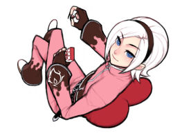 Rule 34 | belt, blue eyes, candy, character request, chocolate, cushion, fingerless gloves, folks (nabokof), food, gloves, headband, heart, pink theme, short hair, smile, white hair